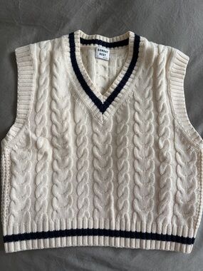 Sunday Best Cream Cable Knit V-Neck Sweater Vest with Navy Trim